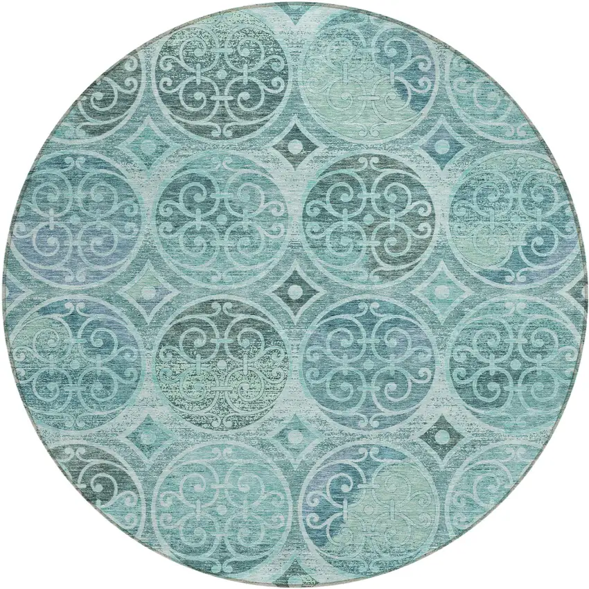 8' Teal Blue And Aqua Round Trellis Washable Indoor Outdoor Area Rug Photo 1