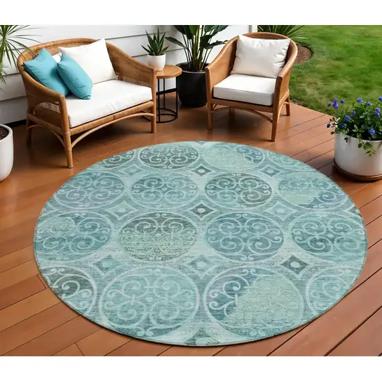 8' Teal Blue And Aqua Round Trellis Washable Indoor Outdoor Area Rug Photo 1
