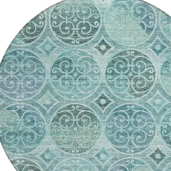 8' Teal Blue And Aqua Round Trellis Washable Indoor Outdoor Area Rug Photo 4