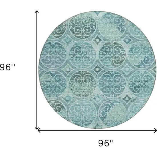 8' Teal Blue And Aqua Round Trellis Washable Indoor Outdoor Area Rug Photo 3