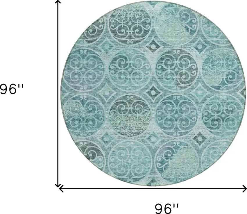 8' Teal Blue And Aqua Round Trellis Washable Indoor Outdoor Area Rug Photo 3