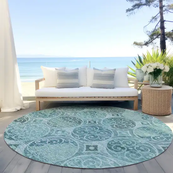 8' Teal Blue And Aqua Round Trellis Washable Indoor Outdoor Area Rug Photo 6