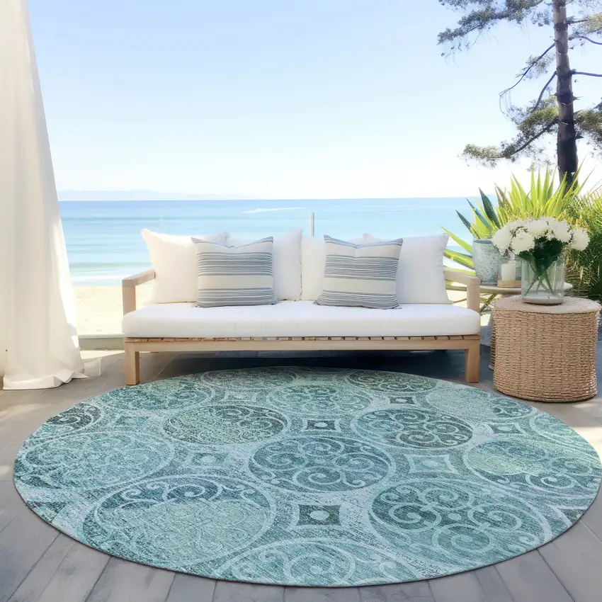 8' Teal Blue And Aqua Round Trellis Washable Indoor Outdoor Area Rug Photo 6
