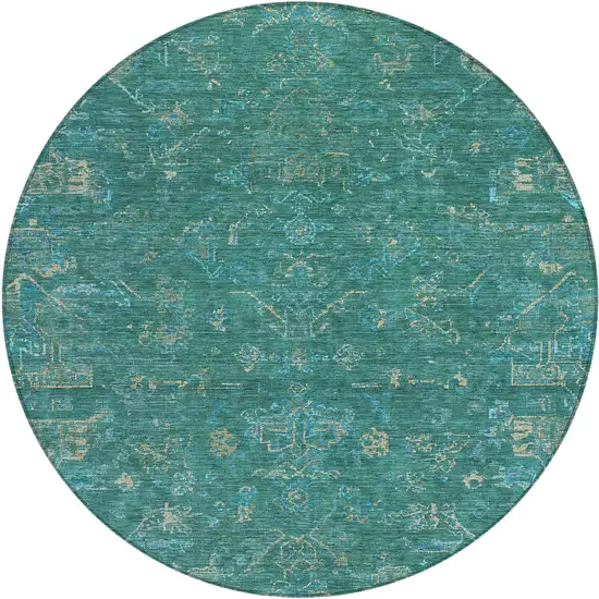 8' Teal Blue And Artichoke Green Round Medallion Washable Indoor Outdoor Area Rug Photo 2