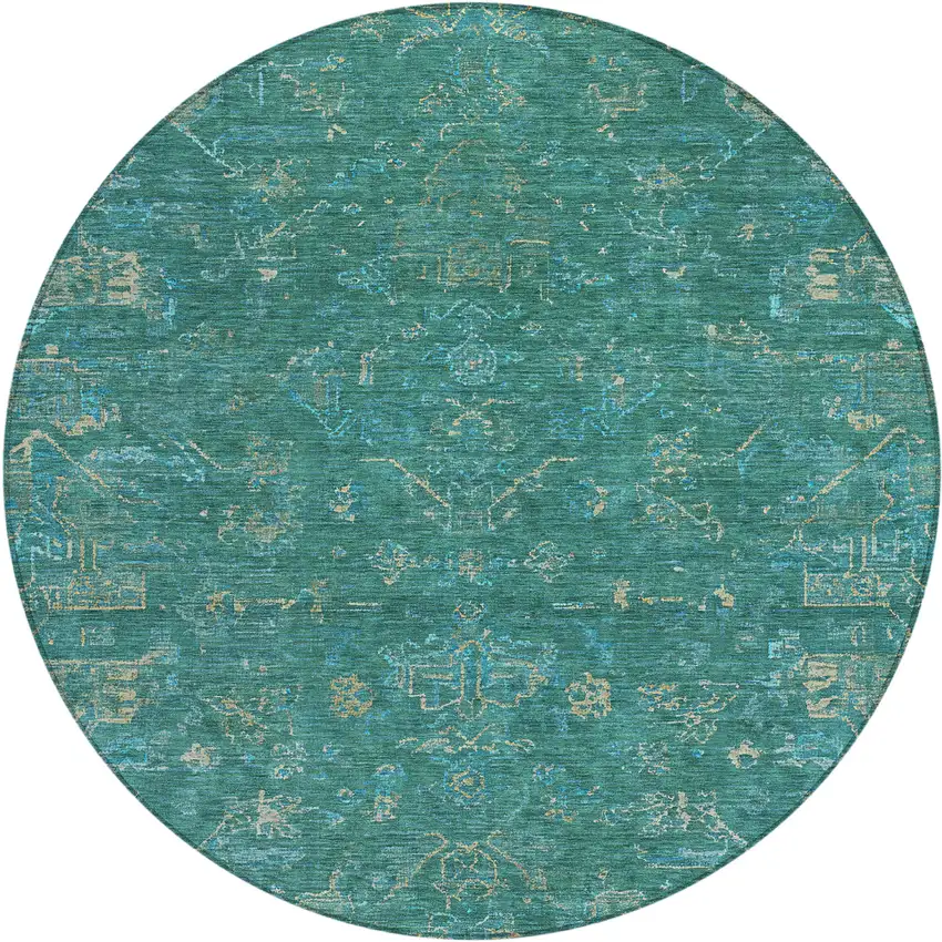 8' Teal Blue And Artichoke Green Round Medallion Washable Indoor Outdoor Area Rug Photo 2