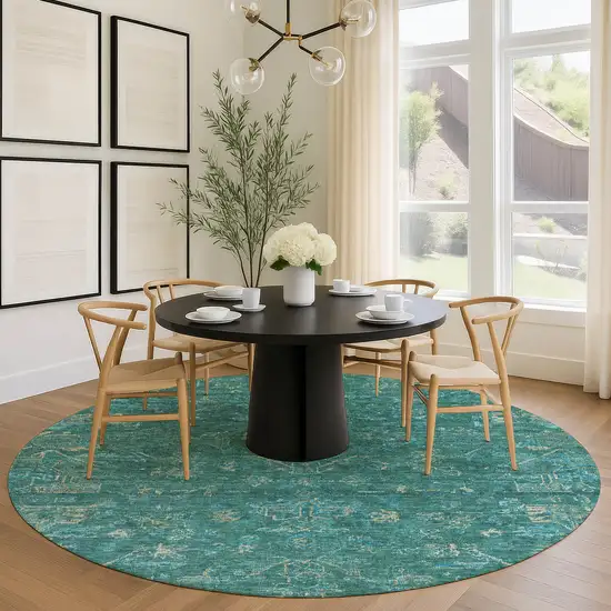8' Teal Blue And Artichoke Green Round Medallion Washable Indoor Outdoor Area Rug Photo 9