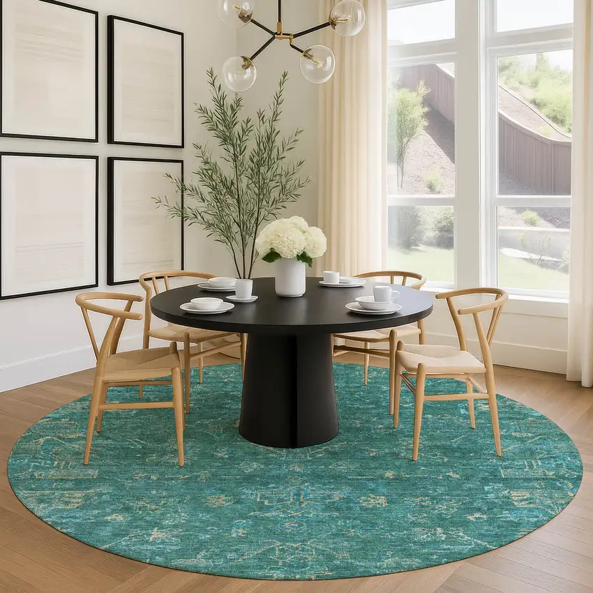 8' Teal Blue And Artichoke Green Round Medallion Washable Indoor Outdoor Area Rug Photo 9