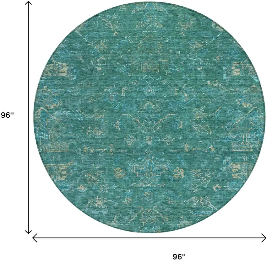 8' Teal Blue And Artichoke Green Round Medallion Washable Indoor Outdoor Area Rug Photo 3