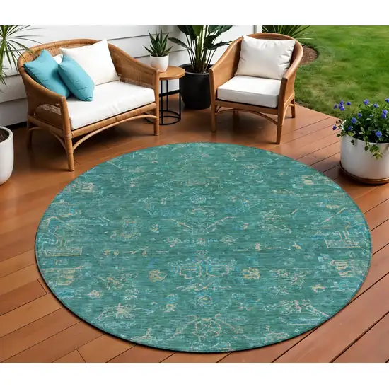 8' Teal Blue And Artichoke Green Round Medallion Washable Indoor Outdoor Area Rug Photo 1