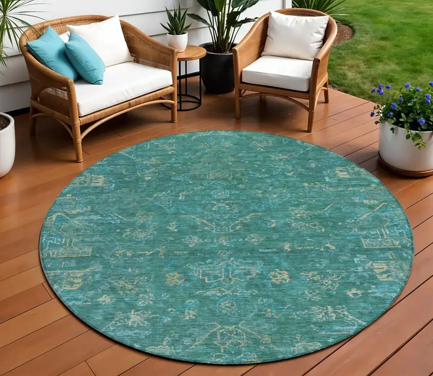 8' Teal Blue And Artichoke Green Round Medallion Washable Indoor Outdoor Area Rug Photo 1