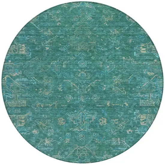 8' Teal Blue And Artichoke Green Round Medallion Washable Indoor Outdoor Area Rug Photo 4