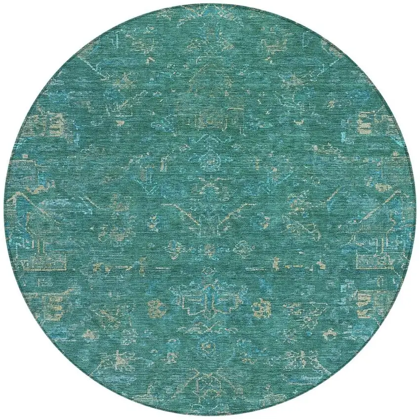 8' Teal Blue And Artichoke Green Round Medallion Washable Indoor Outdoor Area Rug Photo 4