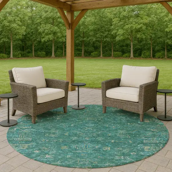 8' Teal Blue And Artichoke Green Round Medallion Washable Indoor Outdoor Area Rug Photo 8