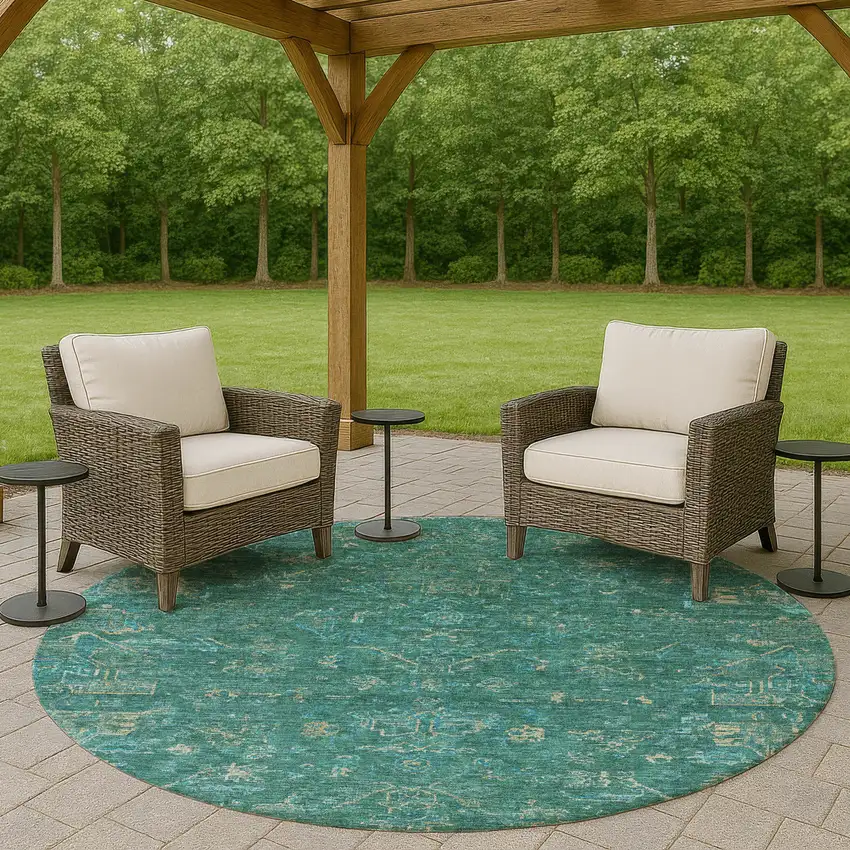 8' Teal Blue And Artichoke Green Round Medallion Washable Indoor Outdoor Area Rug Photo 8