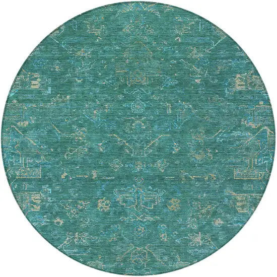 8' Teal Blue And Artichoke Green Round Medallion Washable Indoor Outdoor Area Rug Photo 5