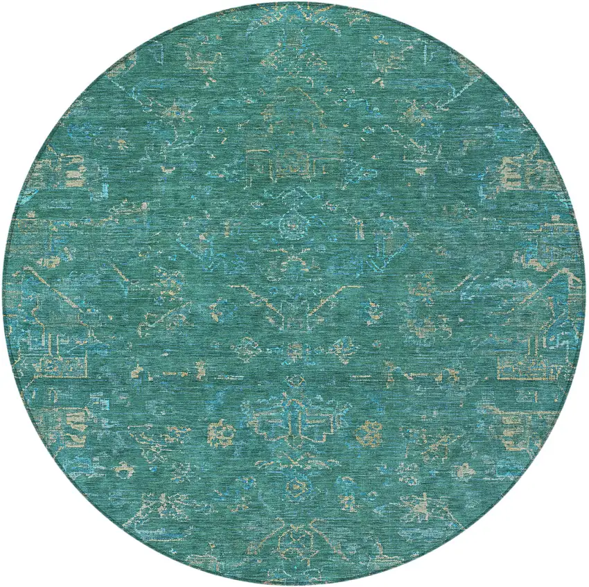 8' Teal Blue And Artichoke Green Round Medallion Washable Indoor Outdoor Area Rug Photo 5