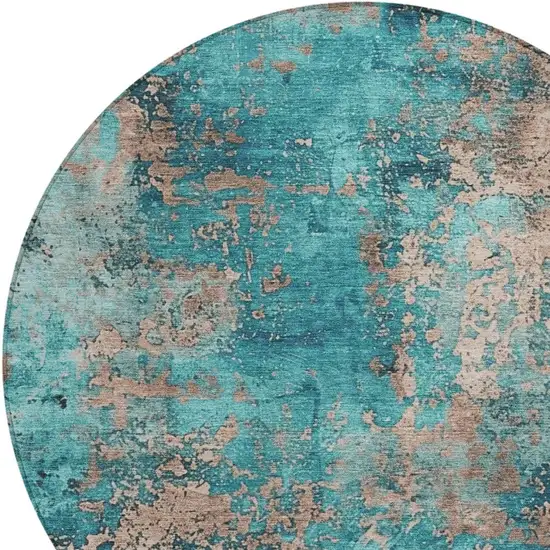 8' Teal Blue And Beige Round Abstract Washable Indoor Outdoor Area Rug Photo 9