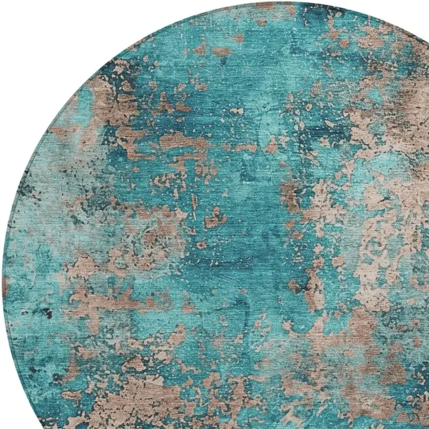 8' Teal Blue And Beige Round Abstract Washable Indoor Outdoor Area Rug Photo 9