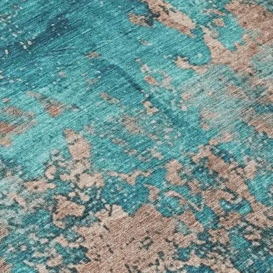 8' Teal Blue And Beige Round Abstract Washable Indoor Outdoor Area Rug Photo 8