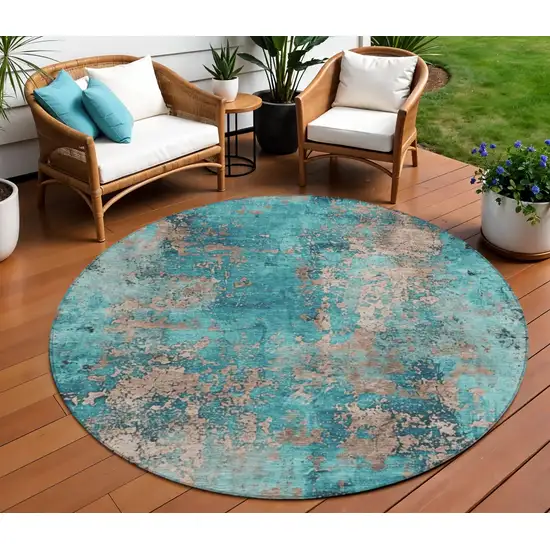 8' Teal Blue And Beige Round Abstract Washable Indoor Outdoor Area Rug Photo 2