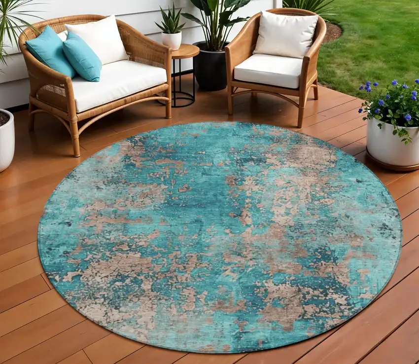 8' Teal Blue And Beige Round Abstract Washable Indoor Outdoor Area Rug Photo 2