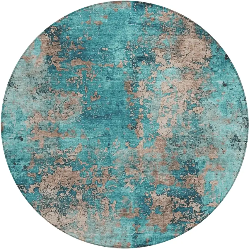 8' Teal Blue And Beige Round Abstract Washable Indoor Outdoor Area Rug Photo 1