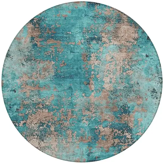 8' Teal Blue And Beige Round Abstract Washable Indoor Outdoor Area Rug Photo 3