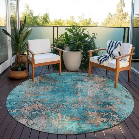 8' Teal Blue And Beige Round Abstract Washable Indoor Outdoor Area Rug Photo 5