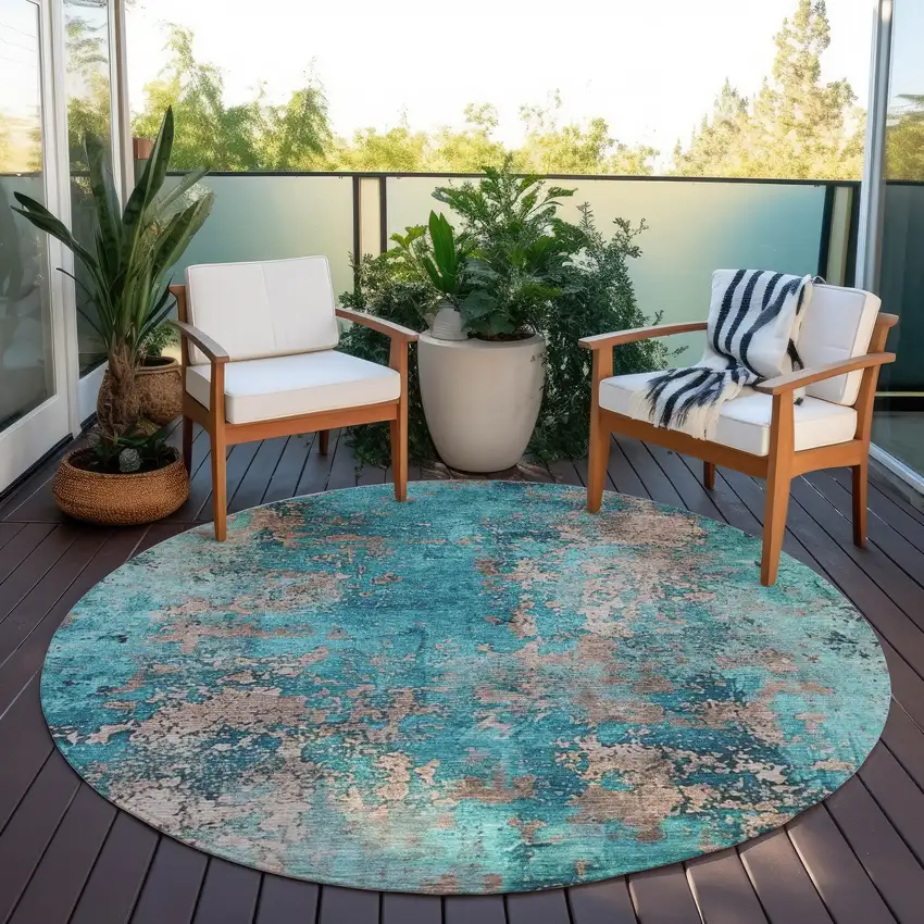8' Teal Blue And Beige Round Abstract Washable Indoor Outdoor Area Rug Photo 5