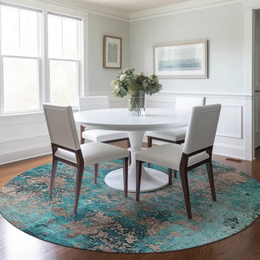 8' Teal Blue And Beige Round Abstract Washable Indoor Outdoor Area Rug Photo 6