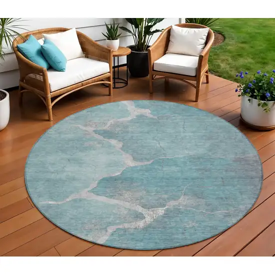 8' Teal Blue And Beige Round Abstract Washable Indoor Outdoor Area Rug Photo 2