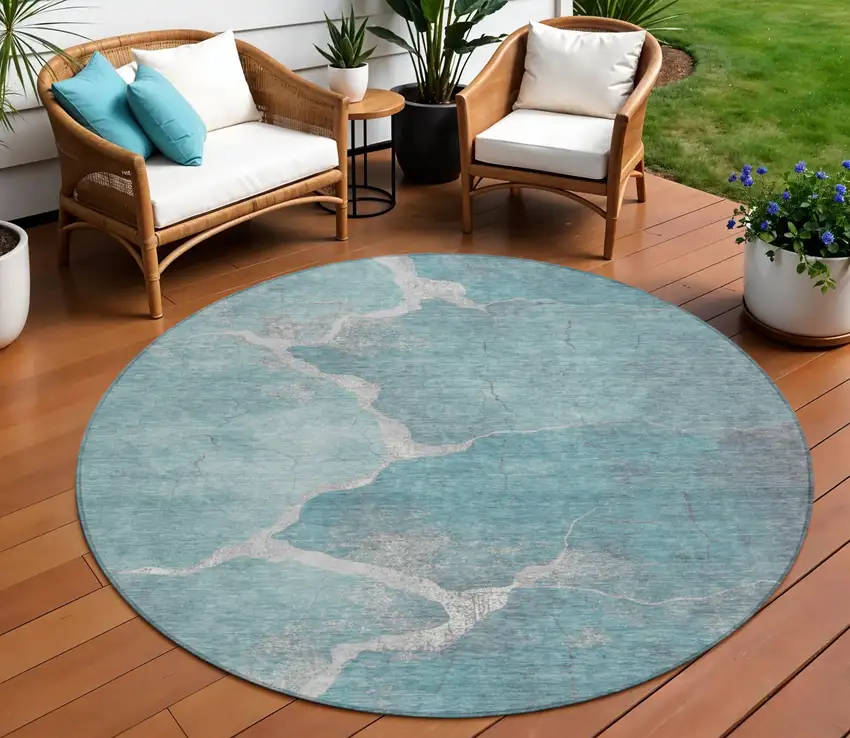 8' Teal Blue And Beige Round Abstract Washable Indoor Outdoor Area Rug Photo 2