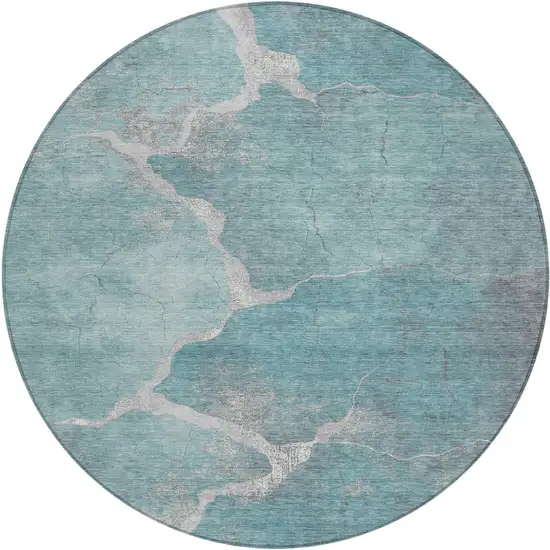 8' Teal Blue And Beige Round Abstract Washable Indoor Outdoor Area Rug Photo 1