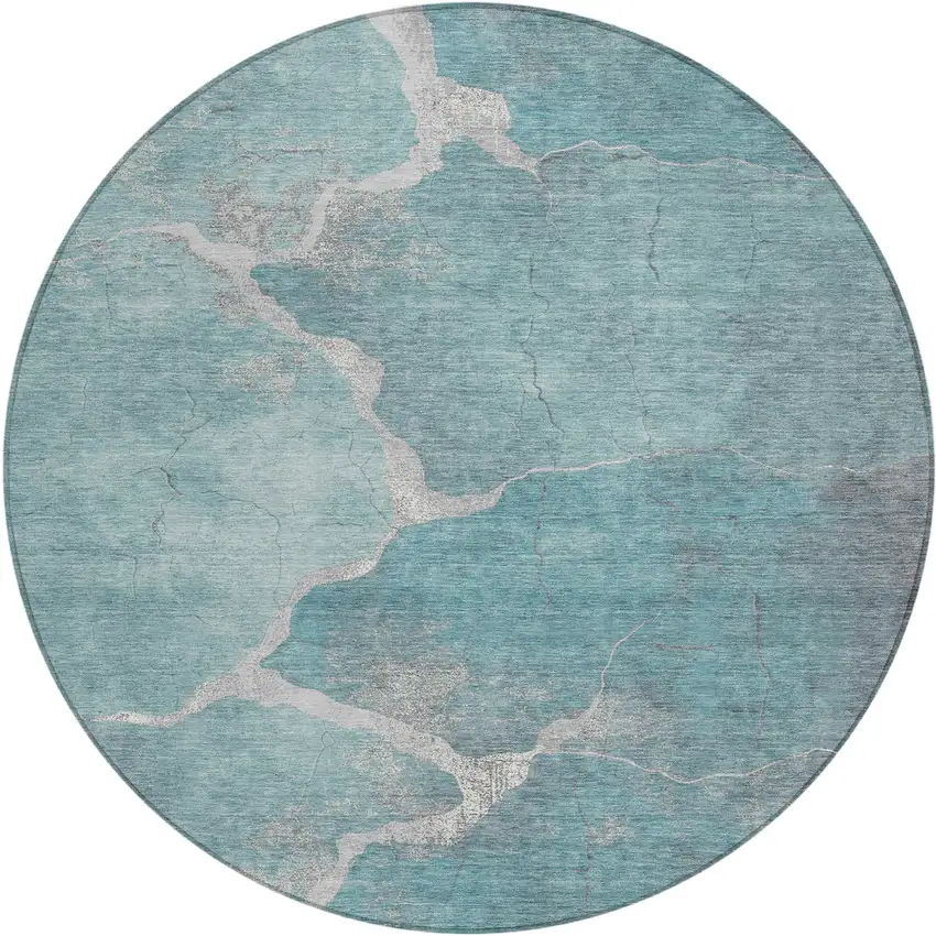 8' Teal Blue And Beige Round Abstract Washable Indoor Outdoor Area Rug Photo 1