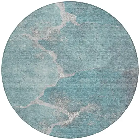 8' Teal Blue And Beige Round Abstract Washable Indoor Outdoor Area Rug Photo 3