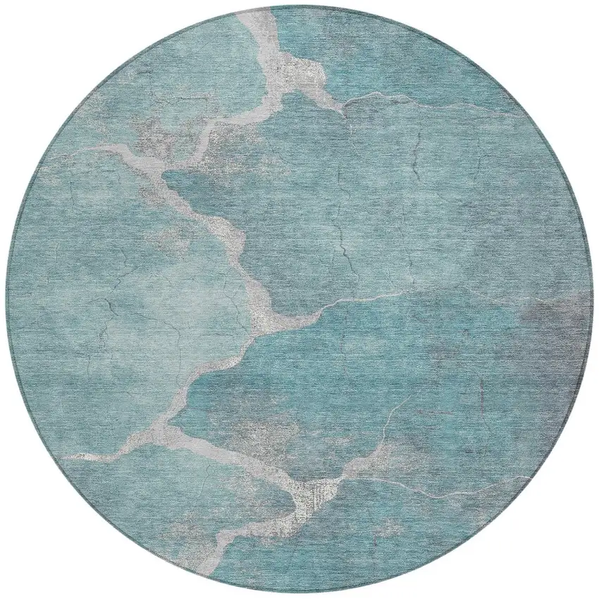 8' Teal Blue And Beige Round Abstract Washable Indoor Outdoor Area Rug Photo 3