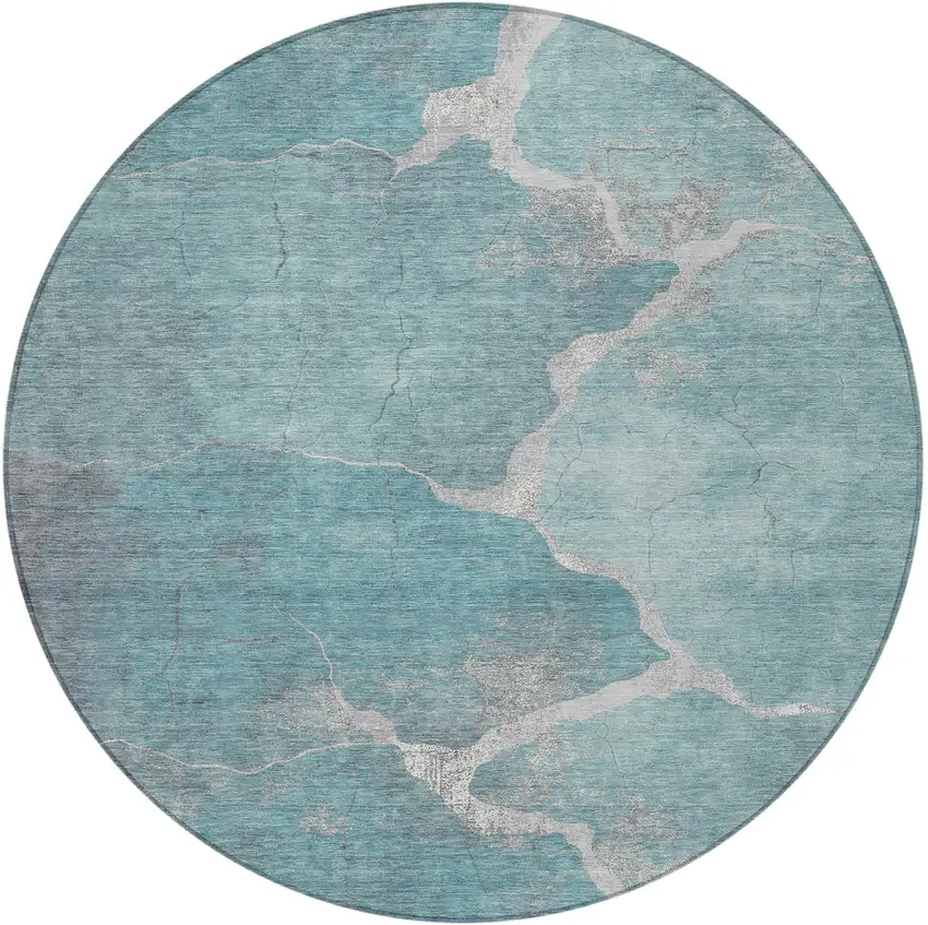 8' Teal Blue And Beige Round Abstract Washable Indoor Outdoor Area Rug Photo 4