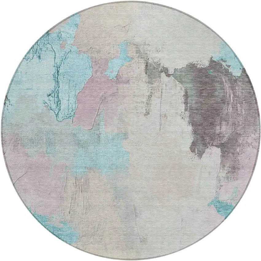 8' Teal Blue And Beige Round Abstract Washable Indoor Outdoor Area Rug Photo 1