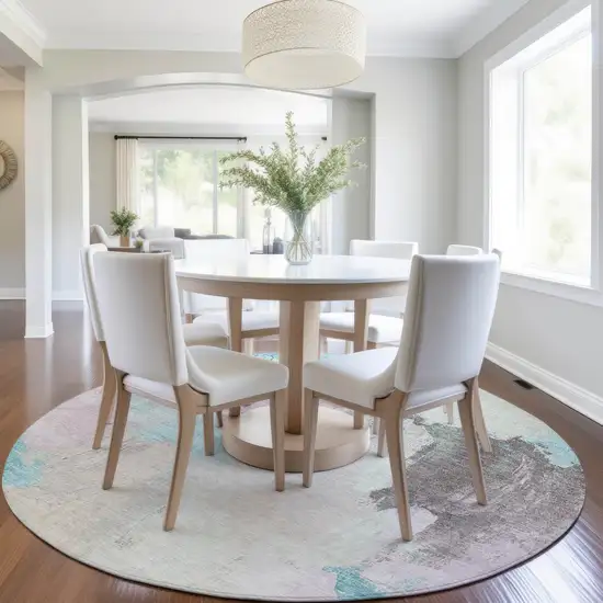 8' Teal Blue And Beige Round Abstract Washable Indoor Outdoor Area Rug Photo 6