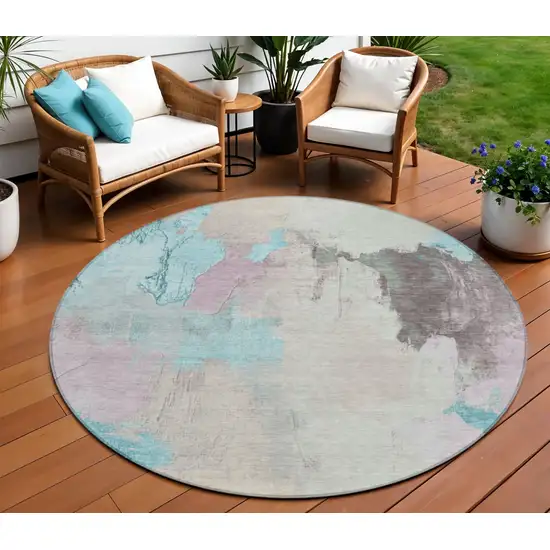 8' Teal Blue And Beige Round Abstract Washable Indoor Outdoor Area Rug Photo 2