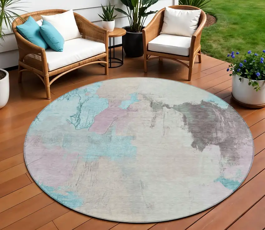 8' Teal Blue And Beige Round Abstract Washable Indoor Outdoor Area Rug Photo 2