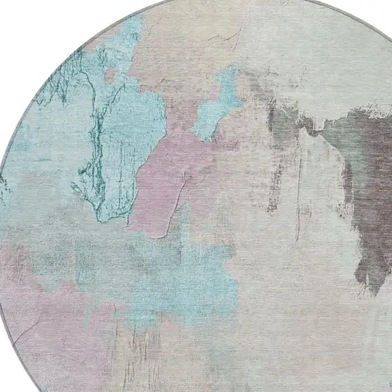 8' Teal Blue And Beige Round Abstract Washable Indoor Outdoor Area Rug Photo 8