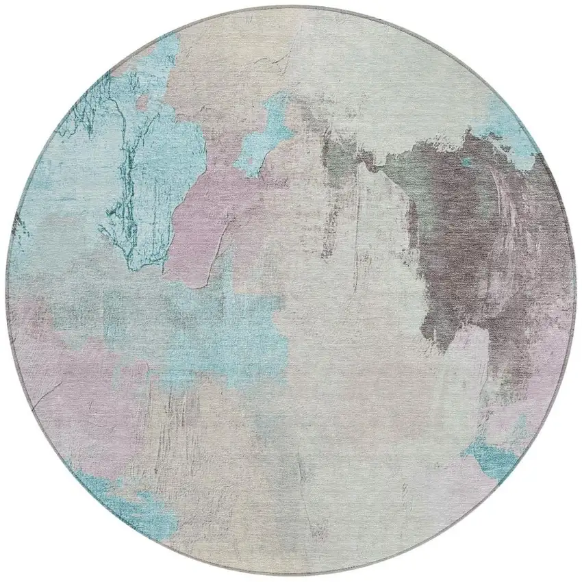 8' Teal Blue And Beige Round Abstract Washable Indoor Outdoor Area Rug Photo 4