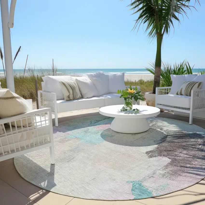 8' Teal Blue And Beige Round Abstract Washable Indoor Outdoor Area Rug Photo 5