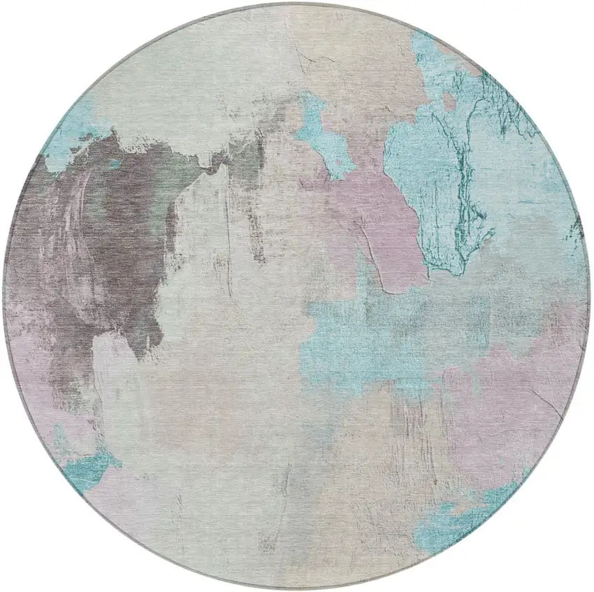 8' Teal Blue And Beige Round Abstract Washable Indoor Outdoor Area Rug Photo 3