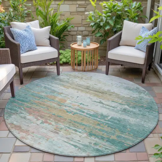 8' Teal Blue And Beige Round Abstract Washable Indoor Outdoor Area Rug Photo 6