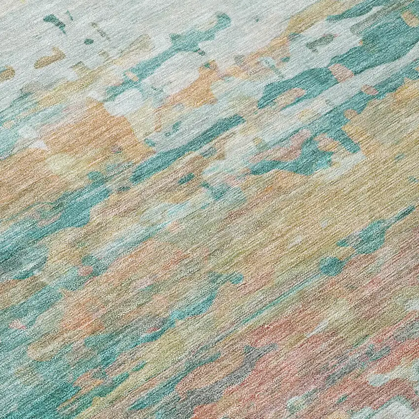 8' Teal Blue And Beige Round Abstract Washable Indoor Outdoor Area Rug Photo 8