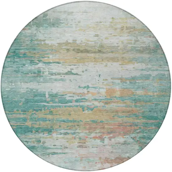 8' Teal Blue And Beige Round Abstract Washable Indoor Outdoor Area Rug Photo 3