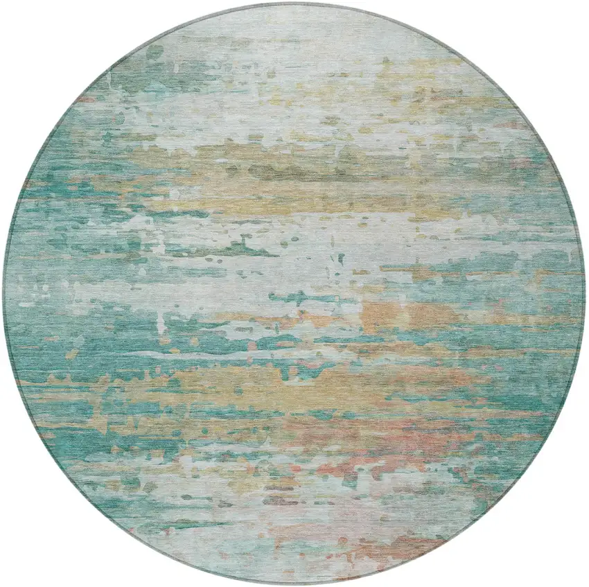 8' Teal Blue And Beige Round Abstract Washable Indoor Outdoor Area Rug Photo 3