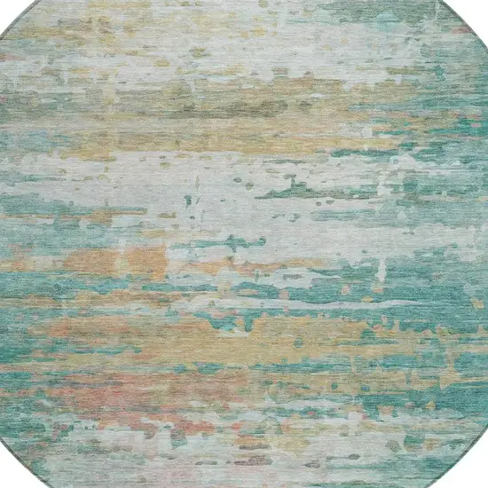 8' Teal Blue And Beige Round Abstract Washable Indoor Outdoor Area Rug Photo 4
